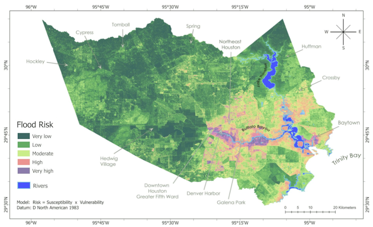 A map of Houston showing the highest flood risk areas.
