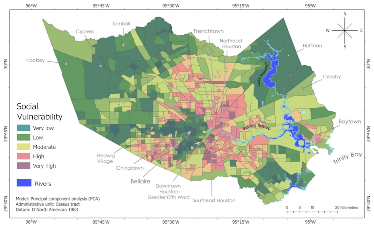 A map of Houston showing areas with high social vulnerability
