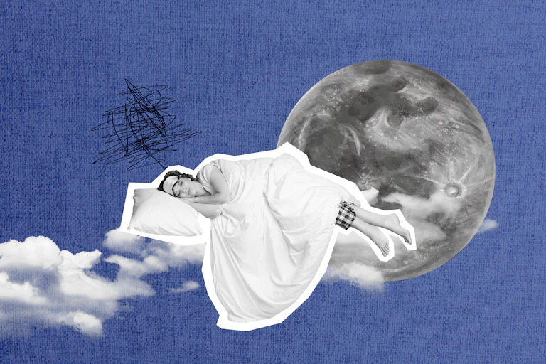 Concept art of woman sleeping in clouds with moon and scribble on the background