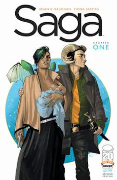 The cover of the first Saga volume featuring a couple with a baby.