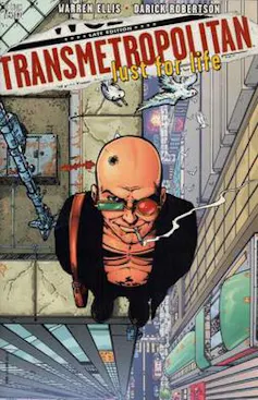 Transmetropolitan cover featyring a man smoking a cigarette while standing on top of a building.