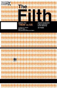 Filth book cover featuring the silhouettes of many people in orange and two in blue.