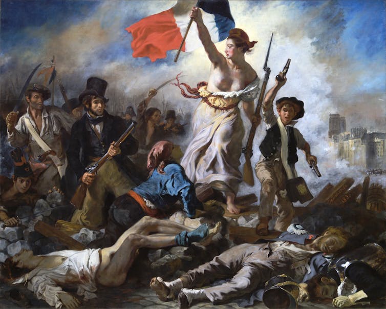 A painting showing a woman with bared breast holding a flag amid a battle.