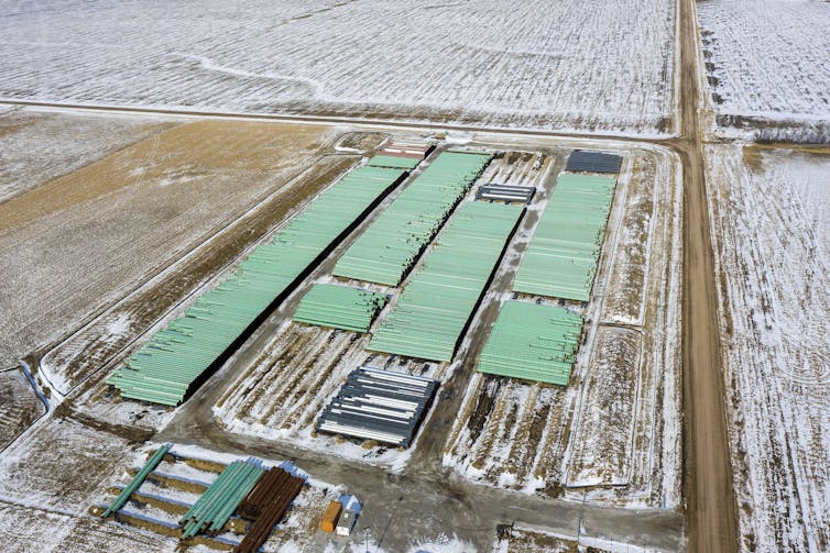 Rows of pipes sit in a snowy field.