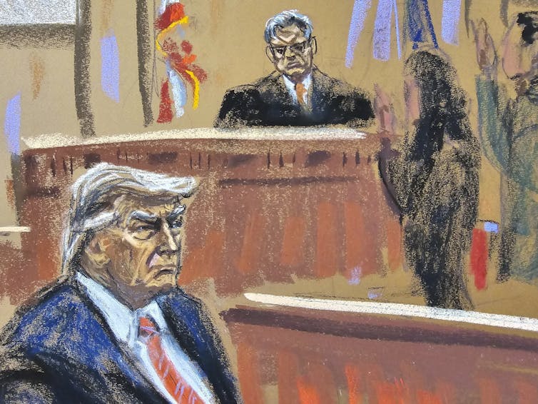 A drawing shows a white man with white hair and a blue suit scowling as he sits in front of a person in a black robe sitting above him.