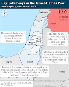 Map of Israel showing the state of the conflict at August 7.