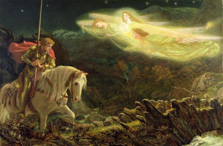 A painting of a man on a horse being approached by three winged figures in the sky.