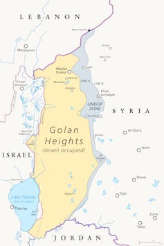 Map of Golan Heights showing surrounding countries.