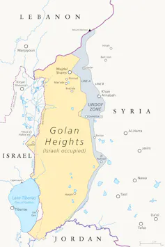 Map of Golan Heights showing surrounding countries.