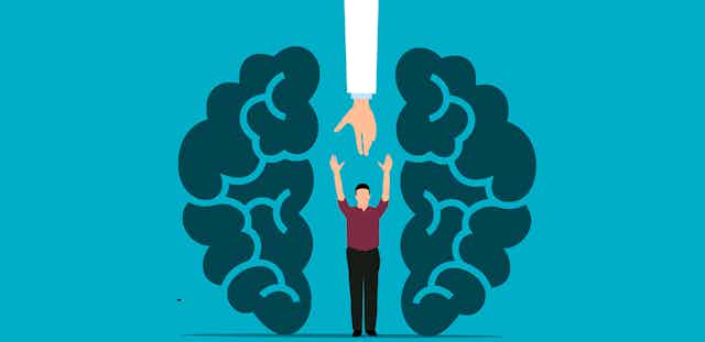 Représentation graphique d'un homme à l'intérieur d'un cerveau avec un grand bras tendu vers le bas pour l'aider à sortir.