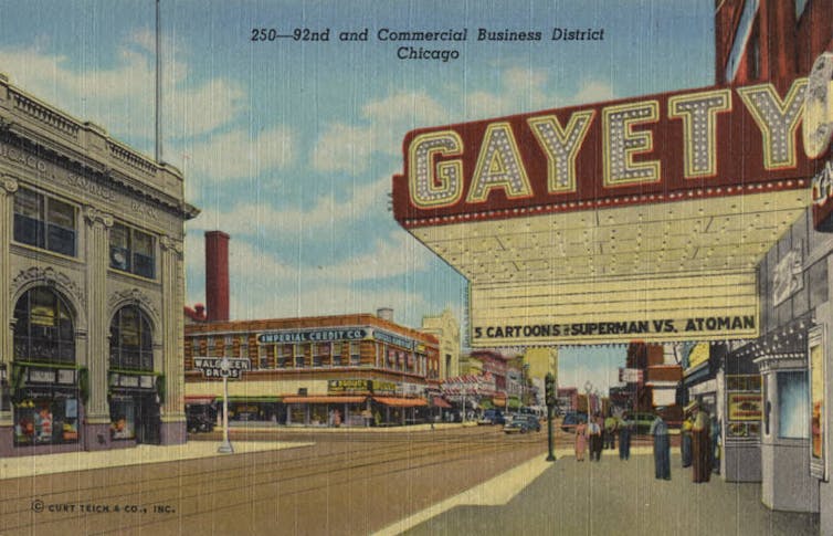 Postcard of the Gayety Theater located near 92nd Street and Commercial Avenue in the heart of the South Chicago business district in the 1950s