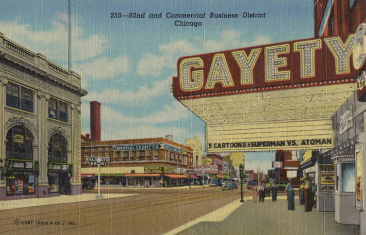 Postcard of the Gayety Theater located near 92nd Street and Commercial Avenue in the heart of the South Chicago business district in the 1950s