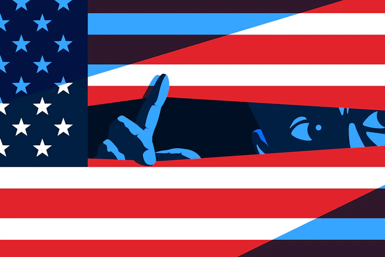 cartoon of man peeking through slats that are the bars on an American flag