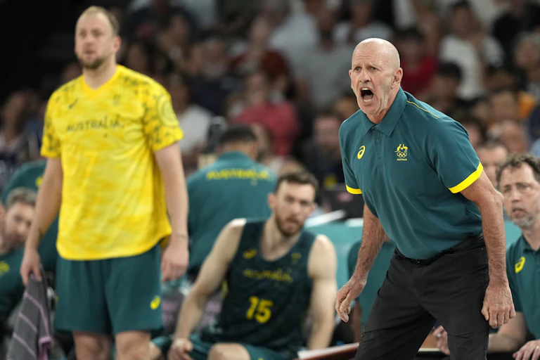 Australian men's basketball coach Brian Goorjian yells during the Olympics