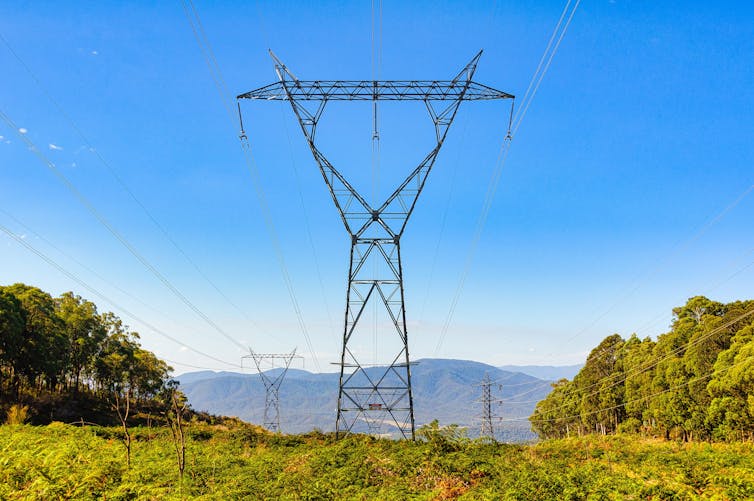 High voltage power lines on a hill in Victoria
