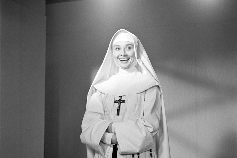 Black and white photo, Hepburn as a nun.