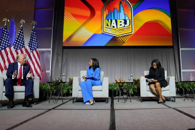 Donald Trump speaks to black journalists at a recent conference of the National Association of Black Journalists.