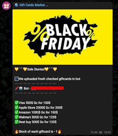 An ad with a black Friday banner and a list of discounted gift cards available for sale