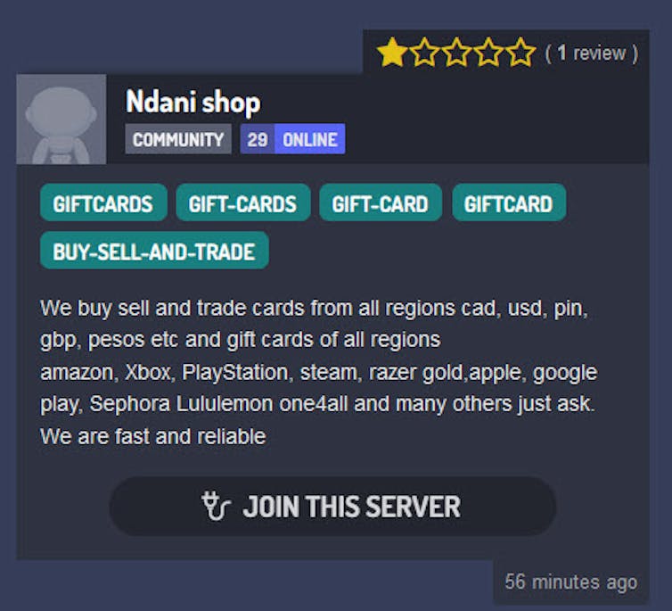 Screenshot of a description of a discord server that offers gift cards for sale
