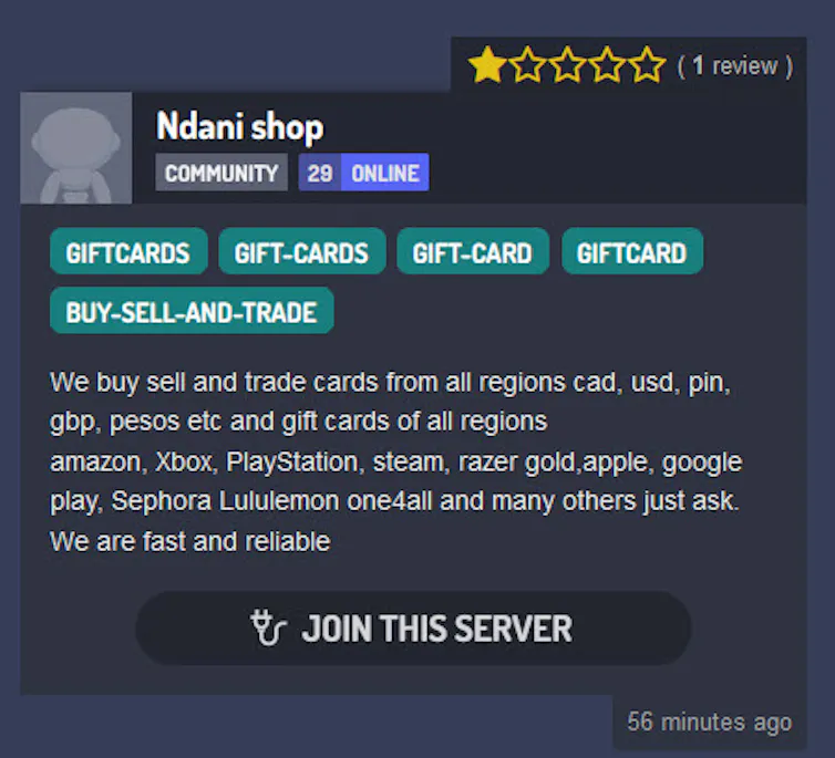 Screenshot of a description of a discord server that offers gift cards for sale