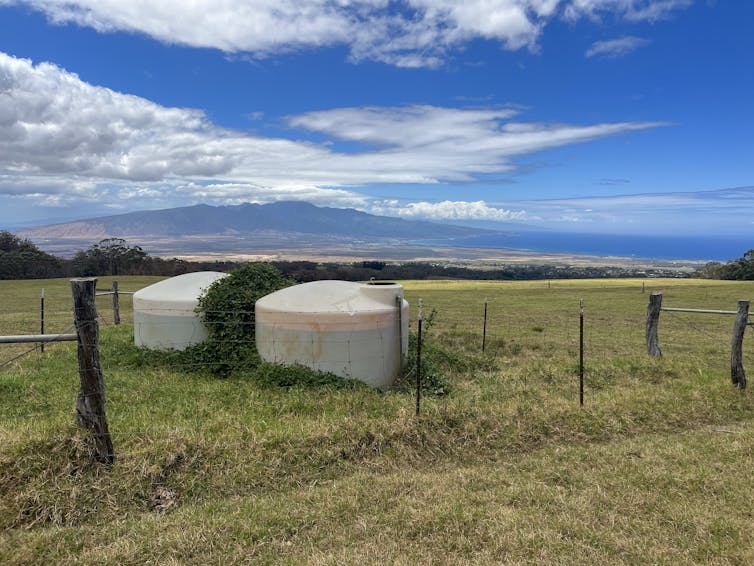 Two water tanks in a field.