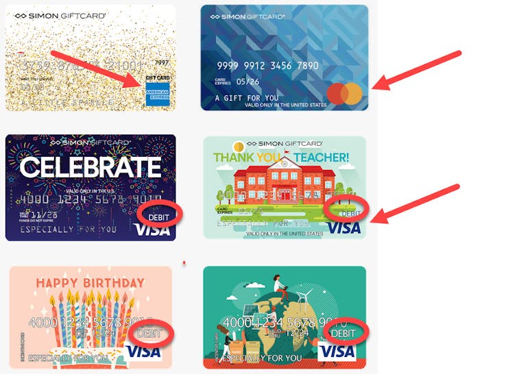 Six gift cards. Four of them have the word Debit circled. Four of them have a Visa logo, one has a MasterCard logo, and one has an American Express logo.