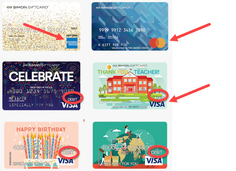 Six gift cards. Four of them have the word Debit circled. Four of them have a Visa logo, one has a MasterCard logo, and one has an American Express logo.