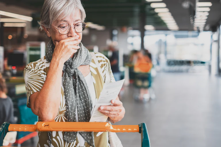 Woman looks at receipt, in shock