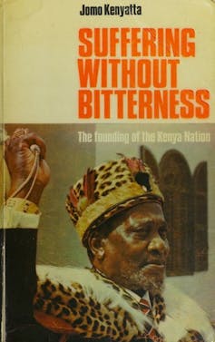 A man lifting a fly whisk while dressed in tribal gear that has a leopard print on the cover of a book, with the workds Suffering without bitterness at the top right in red.