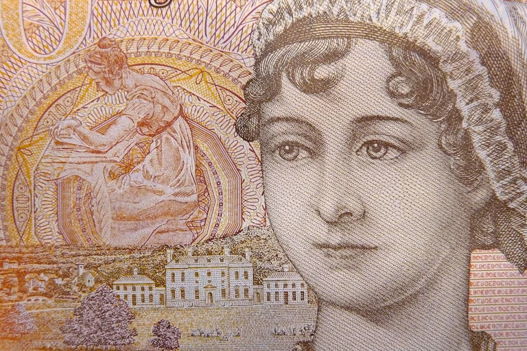 A detail of the British ten pound note, featuring a portrait of Jane Austen.