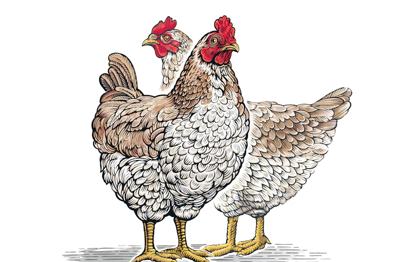An illustration of two chickens, looking unimpressed.