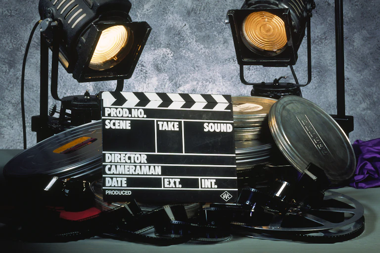 Two film lights and a group of filmmaking items.