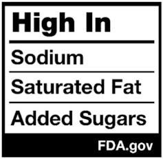 A black-and-white nutritional graphic that shows the sodium, saturated fat and added sugar content of a product is