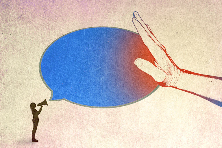 A figure holds a megaphone and projects a large speech bubble, which is met by an outstretched open hand.