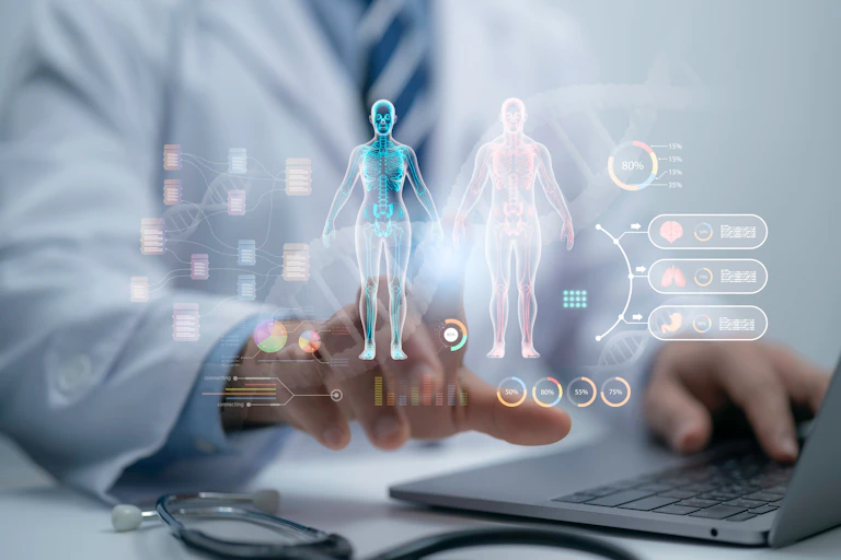 Holographic images of medical diagrams against a blurred researcher in a white coat