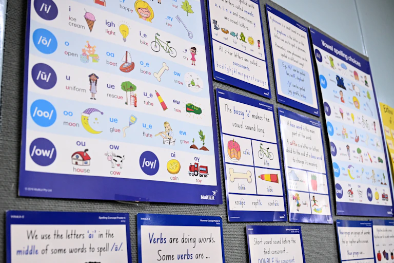 Charts in a classroom for different reading sounds. Such as 'oa' for 'boat'.