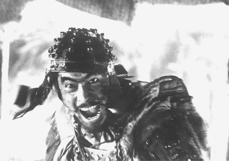 A close-up of a screaming samurai.