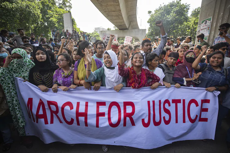University students at a protest in Dhaka.