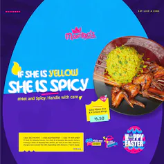 An advert with a blue and purple circular graphic and a grilled chicken wings with yellow rice and the pay-off line