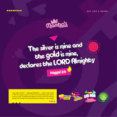 An advert with graphic purple background and the pay-off line