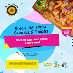 An advert with blue and pink graphic background and grilled chicken on a wooden board and the pay-off line