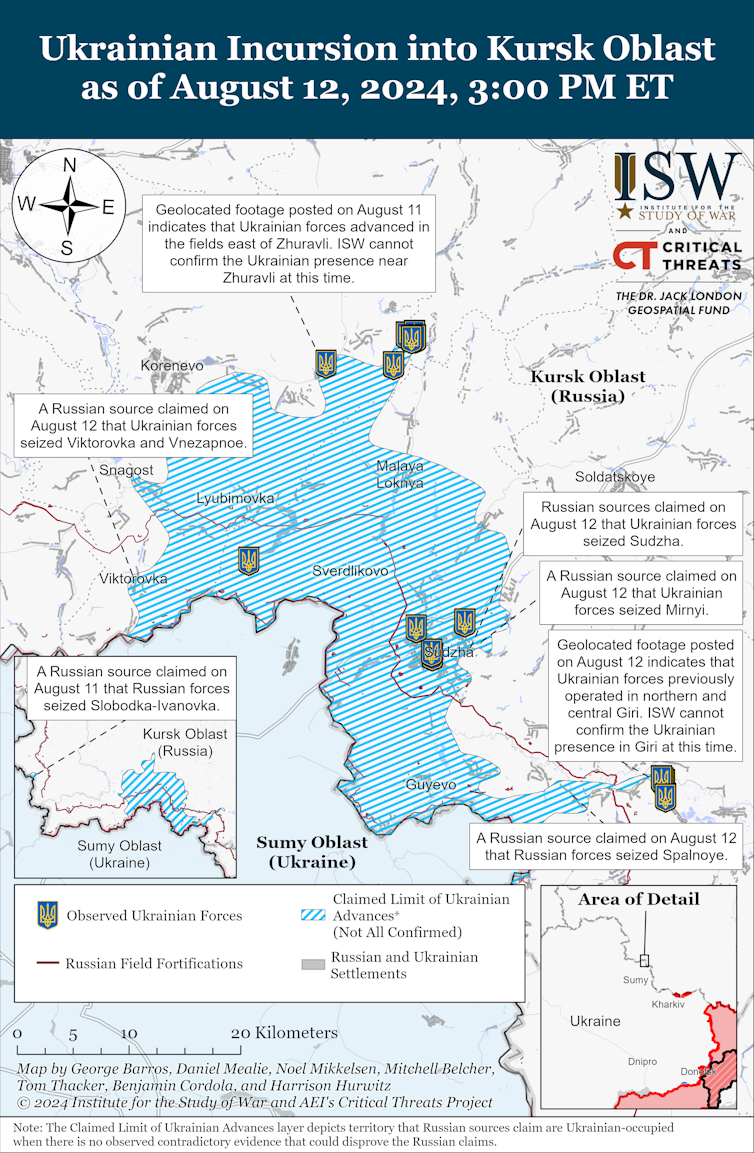 Map of the Ukrainian incursion into Russia's Kursk region as at August 13, Institute for the Study of War.