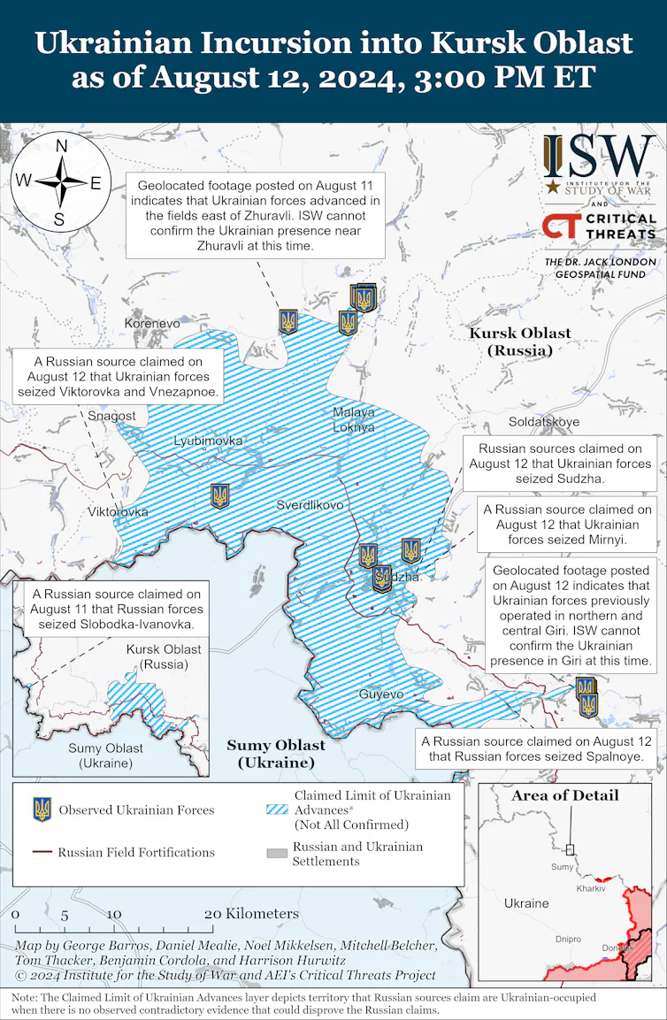 Map of the Ukrainian incursion into Russia's Kursk region as at August 13, Institute for the Study of War.