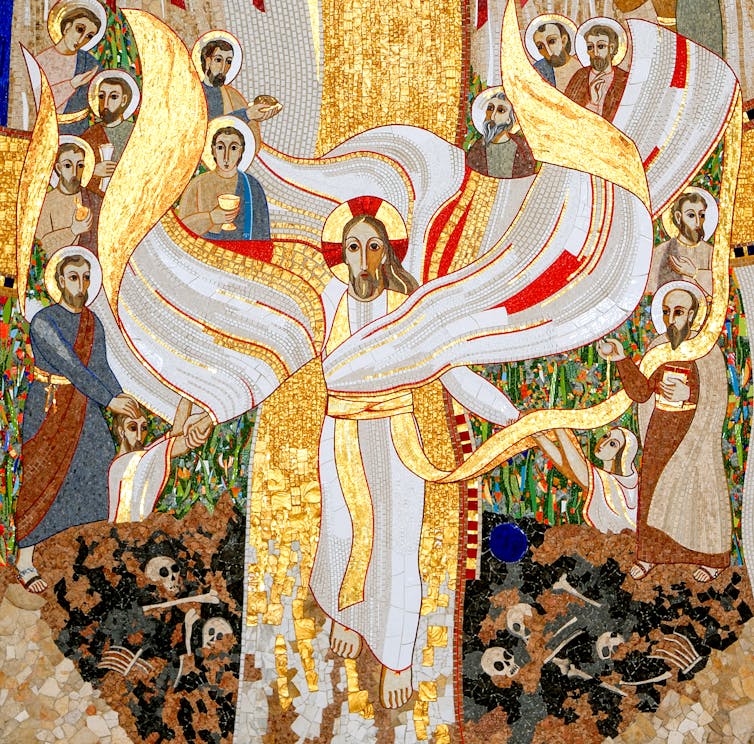 A painting showing Jesus wearing a white robe with red and golden streaks, holding the hands of a few people, who appear to rise with him. On the ground below are skulls and bones of the dead.