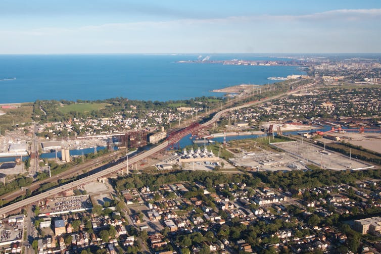 An aerial view looking south across former steel mill neighborhoods of South Chicago.