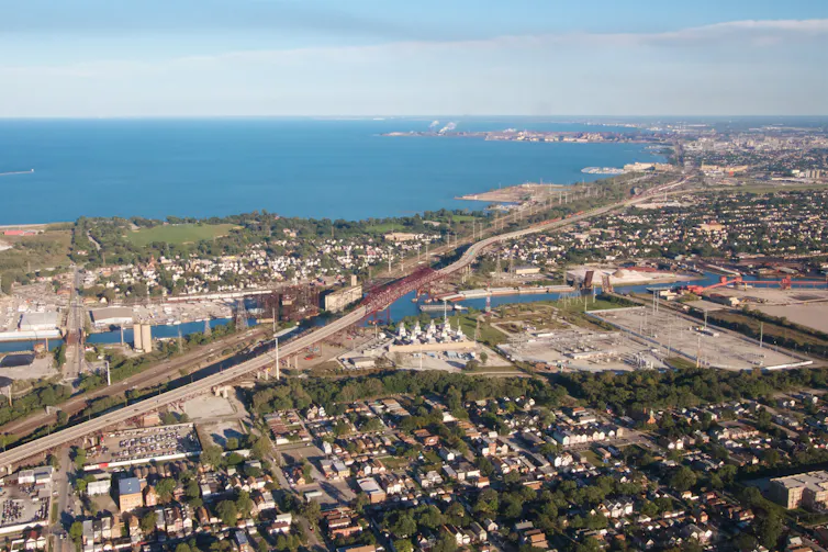 An aerial view looking south across former steel mill neighborhoods of South Chicago.