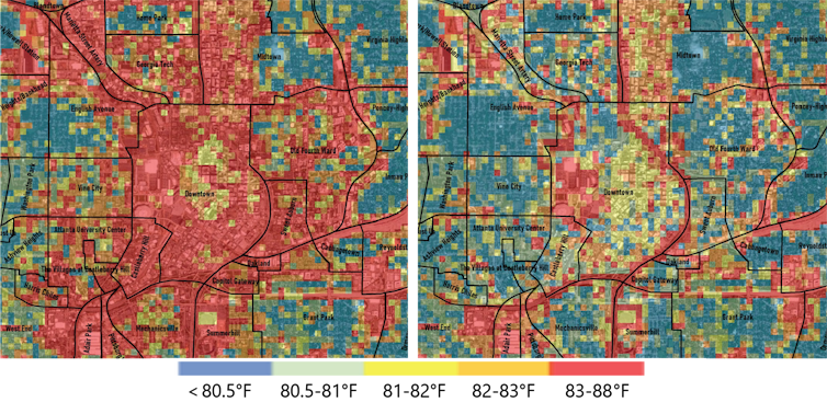 Two neighborhood-detail maps show significantly lower temperatures with more trees.