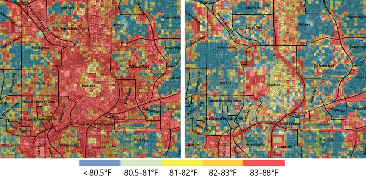 Two neighborhood-detail maps show significantly lower temperatures with more trees.