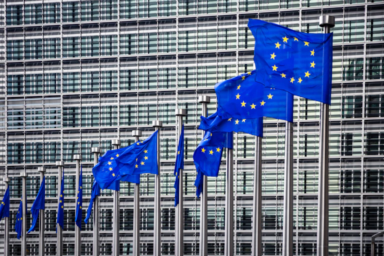 Row of blue flags with circles of yellow stars in front of building