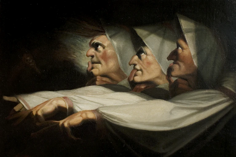 Painting of three elderly women wearing white shawls with their index fingers stroking their lips.